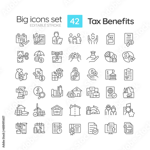 Tax benefits linear icons set. Fiscal policy. Governmental incentives. Financial planning. Tax relief. Customizable thin line symbols. Isolated vector outline illustrations. Editable stroke photo