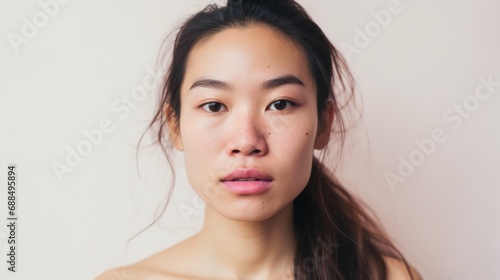 Genuine closeup of an Asian woman, embracing imperfections.