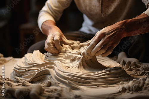 A sculptor molding clay with intuitive hands, shaping abstract forms that evoke emotion and thought. Concept of tactile creativity. Generative Ai.