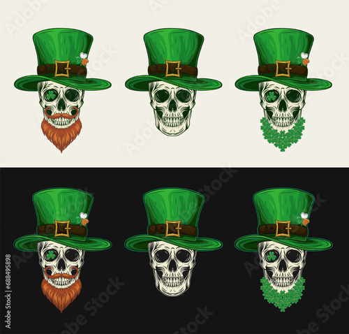 Set of skulls in tall top hat, four leaves clover, shamrock, red beard, fantasy beard made of clover. Vintage illustration on white, black background.