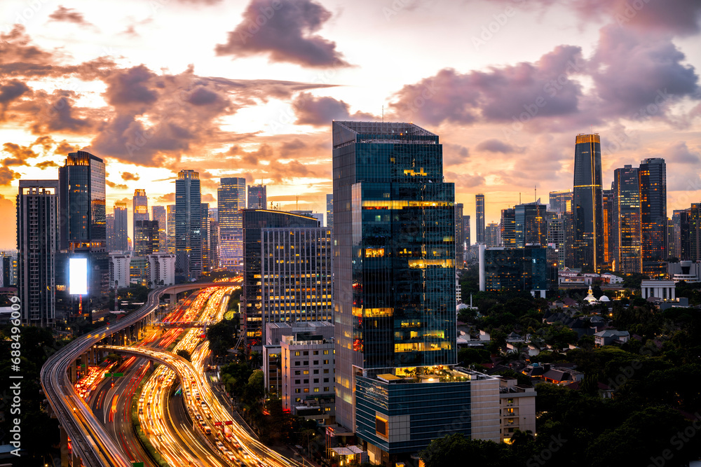 Panoramic Jakarta skyline with urban skyscrapers