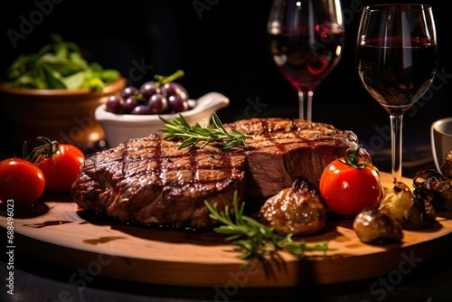 Perfectly grilled medium rare ribeye steak served on a platter and paired with roasted vegetables and a glass of red wine.