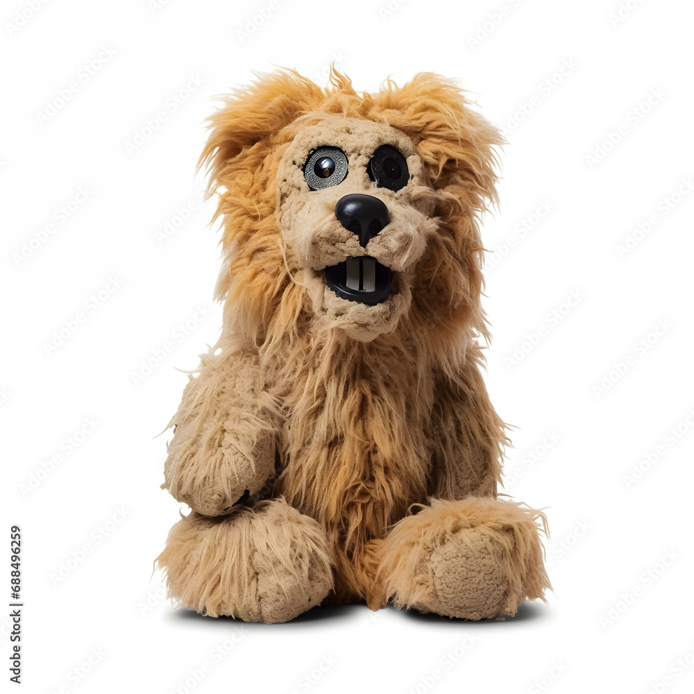 Lion made of fur, mad crazy single crooked hideous waste ugly defective, raw, ragged, isolated on white Lion made of fur, mad crazy single crooked hideous waste ugly defective, raw, ragged, isolated on white