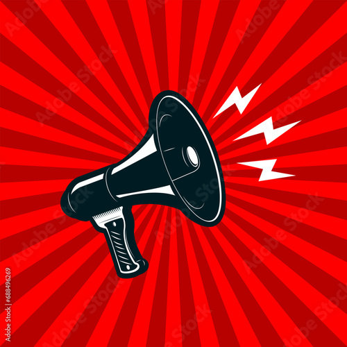 Megaphone on retro comic style background. Design element for poster, flyer. Vector illustration.