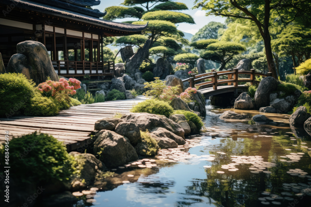 A meticulously arranged Japanese garden, blending elements of stone, water, and plants into a harmonious display of serene beauty. Concept of Zen aesthetics. Generative Ai.