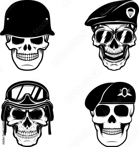 military skulls. Skull in paratrooper beret. Skull in soldier helmet.  Design element for logo, label, emblem, sign, brand mark, poster, t-shirt print. Vector illustration.