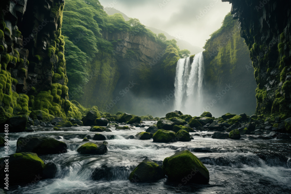 Fototapeta premium A majestic waterfall cascading down rugged cliffs, showcasing the raw and awe-inspiring beauty of nature's power. Concept of cascading grandeur. Generative Ai.