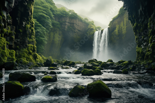 A majestic waterfall cascading down rugged cliffs  showcasing the raw and awe-inspiring beauty of nature s power. Concept of cascading grandeur. Generative Ai.