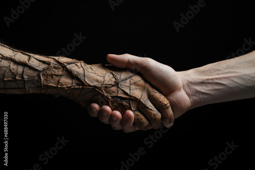 A pair of intertwined hands, weathered by time, telling a story of life's journey and the enduring beauty found in shared experiences. Concept of enduring connections. Generative Ai. photo