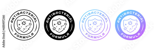Antibacterial formula stickers. Different styles, bacteria inside the shield, antibacterial formula icons. Vector icons