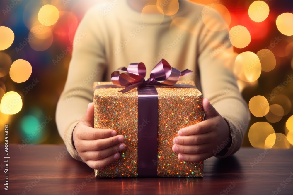Close-up of a child's hands wrapping a Christmas gift, with colorful bokeh lights on the tree in the background. Close-up of a child's hands wrapping a Christmas gift, with colorful bokeh lights on the tree in the background.