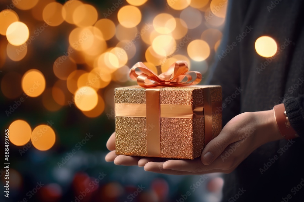 Santa's hand holding a beautifully wrapped present, with warm bokeh lights in the background. 