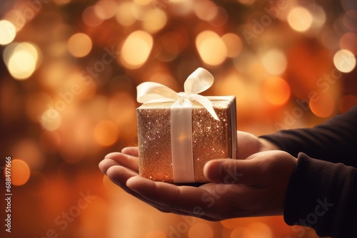 Santa's hand holding a beautifully wrapped present, with warm bokeh lights in the background. 