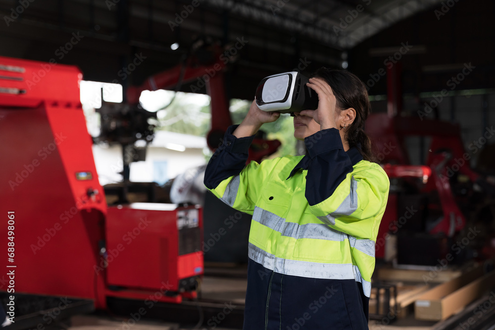 Female engineer working technology virtual reality headset for control robot arm system welding at production plant factory