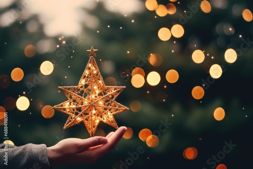 Hands placing a star on top of the Christmas tree, with bokeh lights shining through.