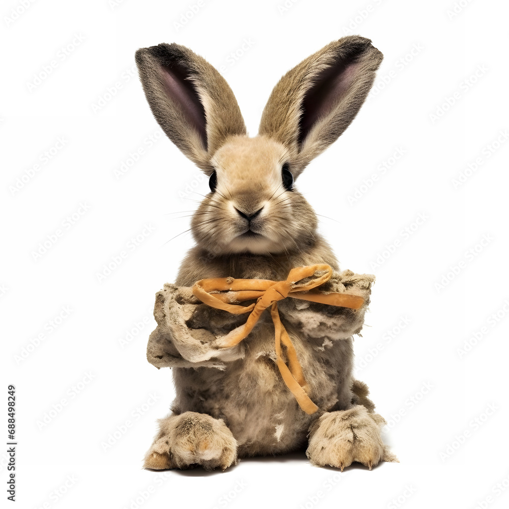 Fototapeta premium Rabbit made of fur, mad crazy single crooked hideous waste ugly defective, raw, ragged, isolated on white