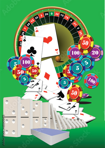 Casino elements with domino  image. 3d vector hand drawn illustration