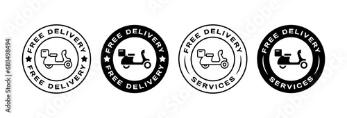 Free delivery stamps. Silhouette, delivery scooter icon, free delivery stamps, discount stickers. Vector icons