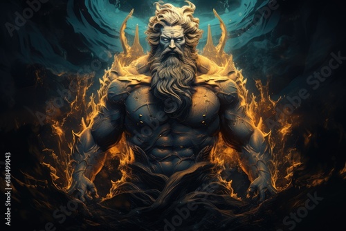 muscular bearded Poseidon in golden crown standing among stormy splashing seawater and holding trident in darkness.by Generative AI.