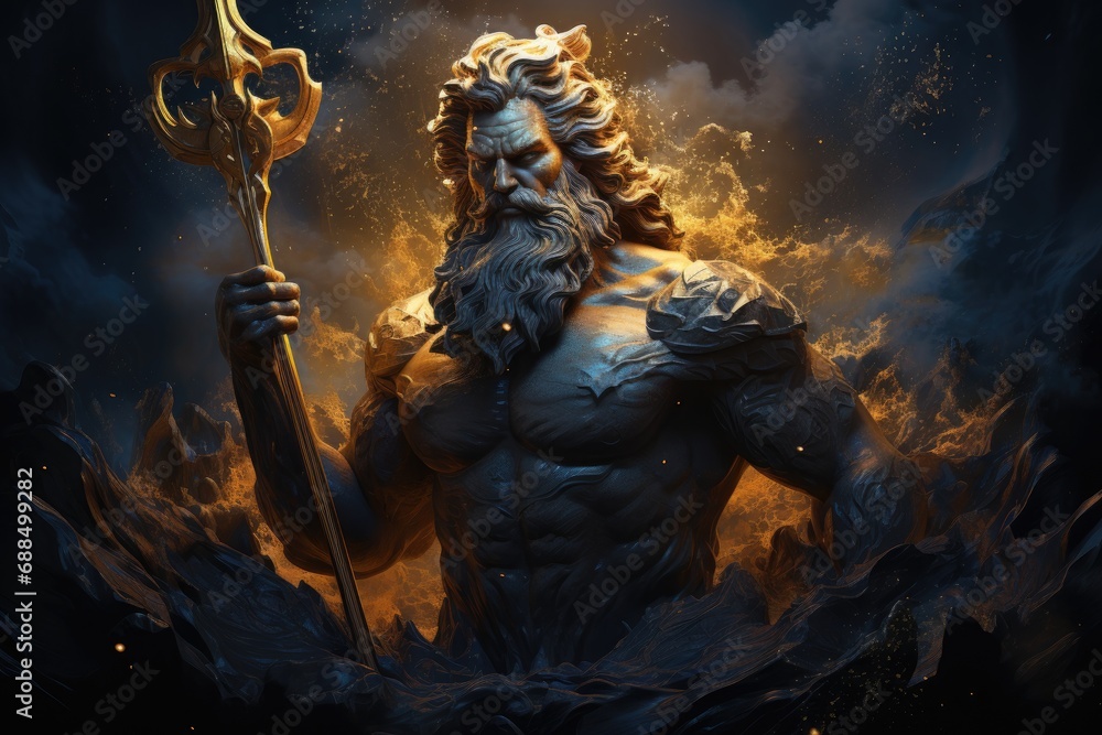 muscular bearded Poseidon in golden crown standing among stormy splashing seawater and holding trident in darkness.by Generative AI.