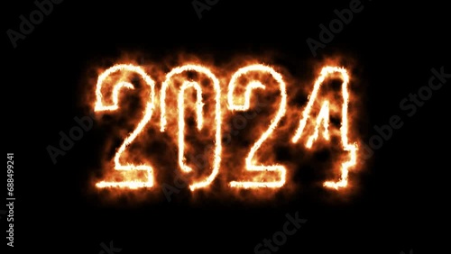 happy new year  2024 animated footage with fire effect on black screen , suitable for year-end holidays, new year content	 photo