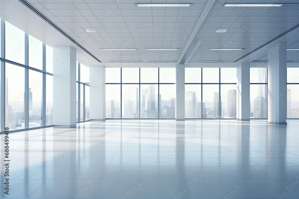 Empty office open space interior. Business conference company background. Generative AI Empty office open space interior. Business conference company background. Generative AI