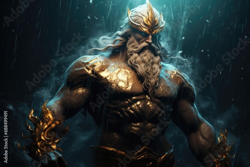 muscular bearded Poseidon in golden crown standing among stormy splashing seawater and holding trident in darkness.by Generative AI. photo