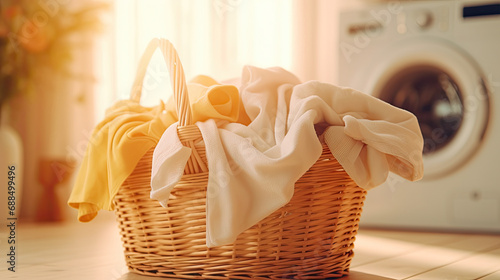 basket of laundry cloth on wooden floor in front of washing machine
