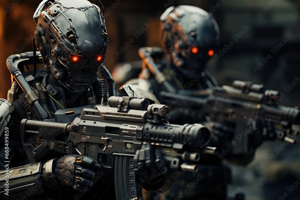 Artificial intelligence conceptual illustration. Humanoid soldier robots. Artificial intelligence conceptual illustration. Humanoid soldier robots.