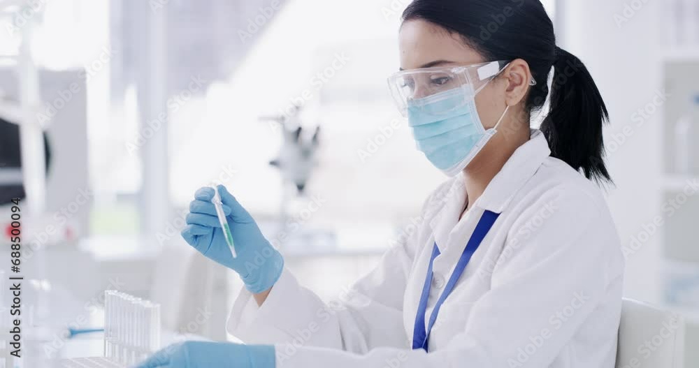 Woman, scientist and laboratory with test tube, pipette and pathology for science, alone or biotechnology. Specialist, worker or biology for analysis, testing and medicine in workplace, job or expert Woman, scientist and laboratory with test tube, pipette and pathology for science, alone or biotechnology. Specialist, worker or biology for analysis, testing and medicine in workplace, job or expert