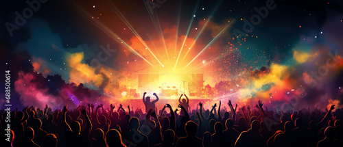 Big concert stage illustration. live music, instrumental, rock n roll session. Cheering crowd with raised hands  with rays, searchlight Silhouette of people. festival background. Generative ai. photo