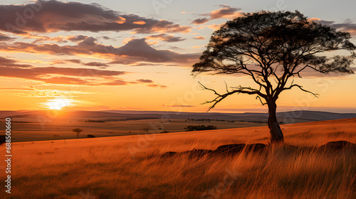 A boundless savanna  with a vast grassland as the background  during a golden sunset