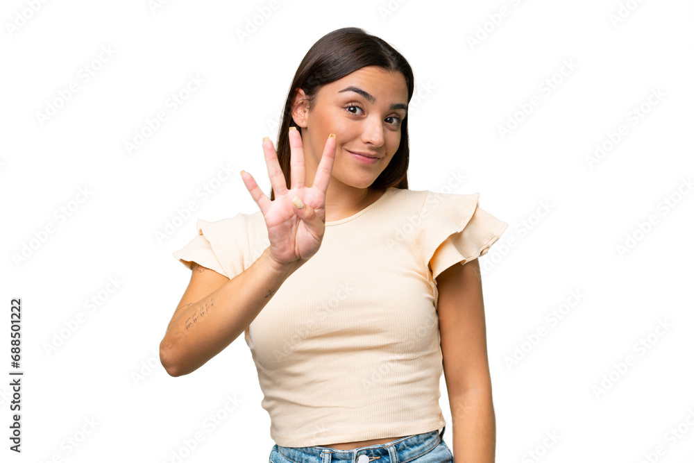 Young caucasian woman isolated on green chroma background happy and counting four with fingers Young caucasian woman isolated on green chroma background happy and counting four with fingers