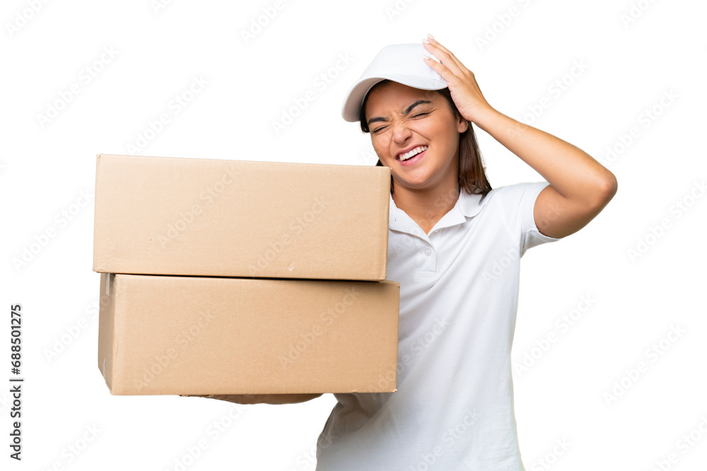 Delivery caucasian woman holding boxes isolated on green chroma background smiling a lot Delivery caucasian woman holding boxes isolated on green chroma background smiling a lot