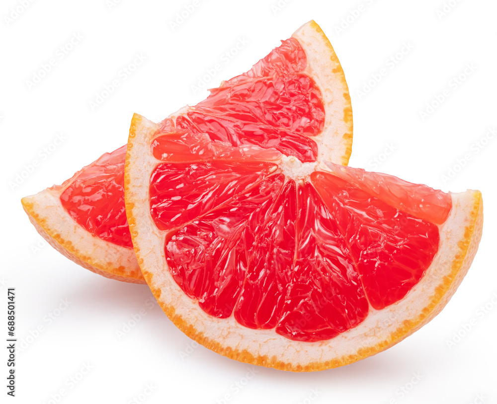 Slices of red grapefruit on white background. File contains clipping path.