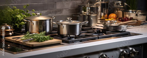 Stainless steel of pots and pans in kitchen