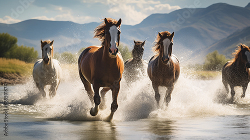 Equine Elegance  Generative AI Portraits of a Group of Horses Running in Nature s Ballet