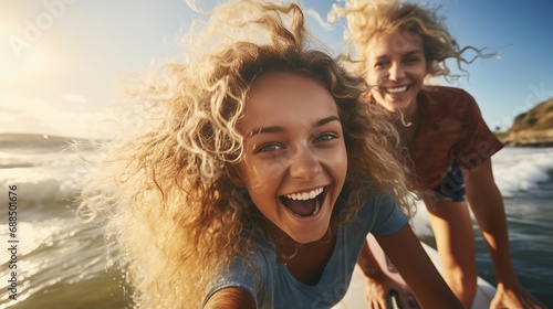 happy curly teenage girl with modern surfer mother on the waves together, taking a selfie against the blue sky, two different generations living a healthy active lifestyle doing water sports © Ekaterina
