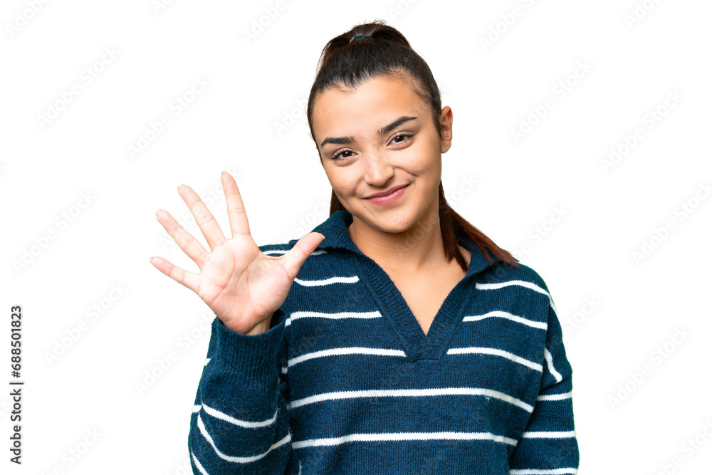 Young beauty woman over isolated chroma key background counting five with fingers Young beauty woman over isolated chroma key background counting five with fingers