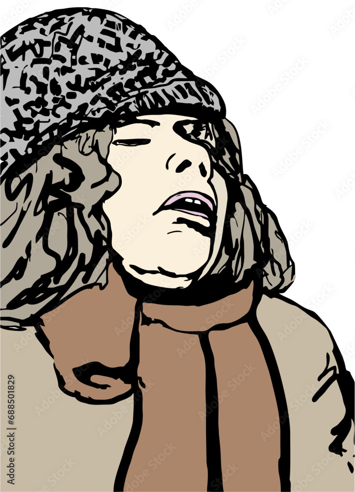 Спящая блондинка в вязаной шапочке с коричневым шарфом. Портрет, линейный вектор. Рисунок художника #iThyx