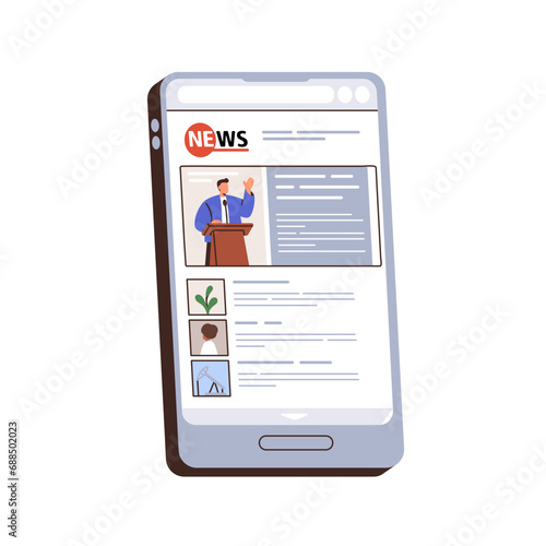 Online news on mobile phone screen. Digital mass media, electronic newspaper on smartphone display. Internet articles, headlines in cellphone app. Flat vector illustration isolated on white background