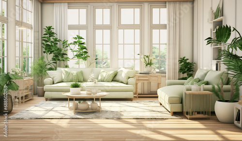 interior of a cozy living room  with a lot of green plants photo