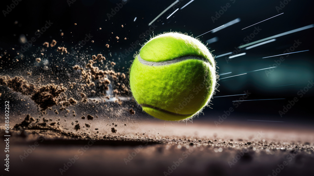 Macro shot of tennis ball with vibrant court background
