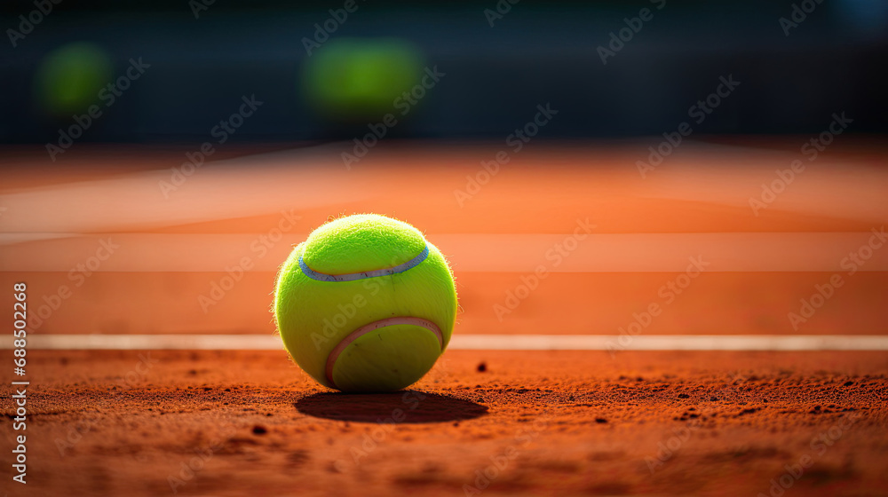 Neon green tennis ball on clay court with vivid lines