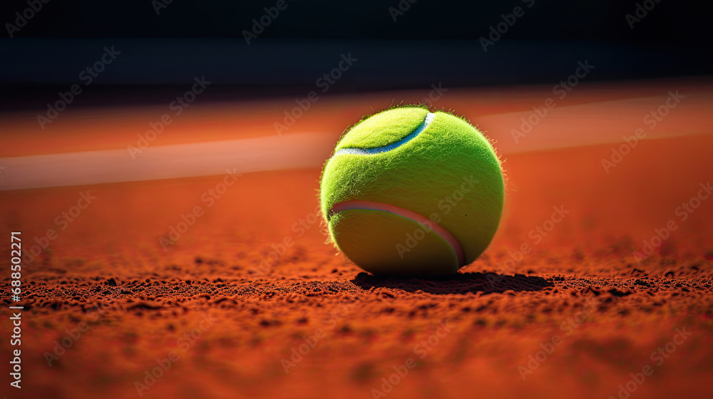 Neon green tennis ball on clay court with defined texture