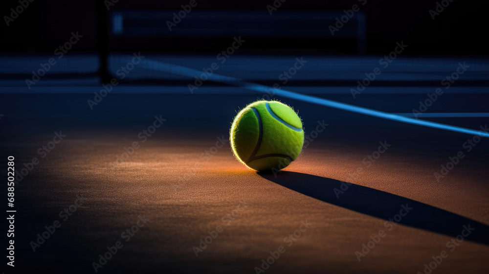 Twilight tennis ball under stadium lights with warm tones