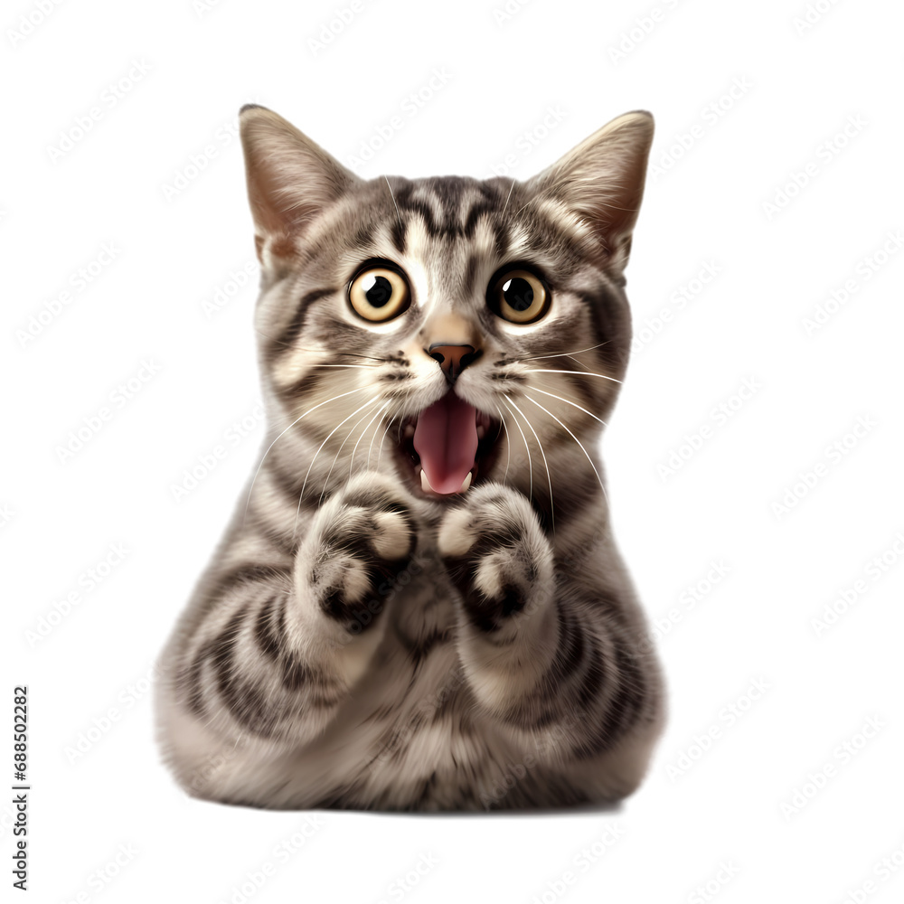 Surprised cat covering mouth with paw isolated on transparent background