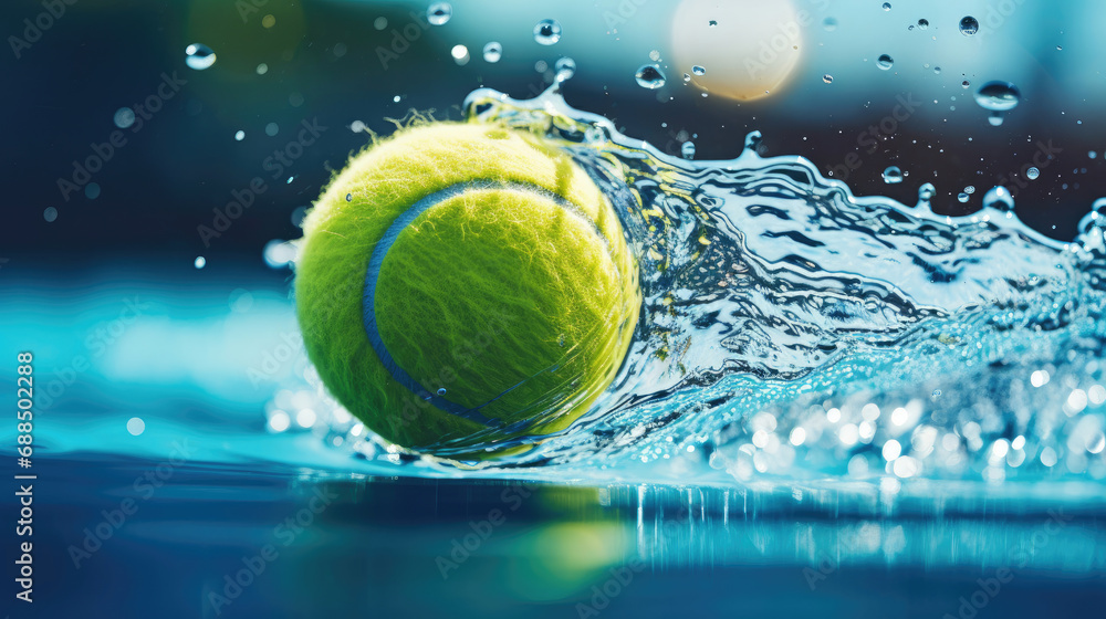Tennis ball submerged in azure water with dazzling effects