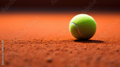 Neon green tennis ball on clay court with vibrant lines