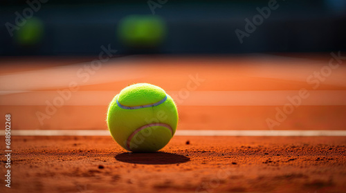 Neon green tennis ball on clay court with vivid lines © javier